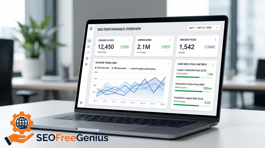 Modern SEO dashboard on laptop showing organic clicks, impressions, indexed pages, keyword trends and Core Web Vitals metrics for SEOFreeGenius free SEO tools workflow