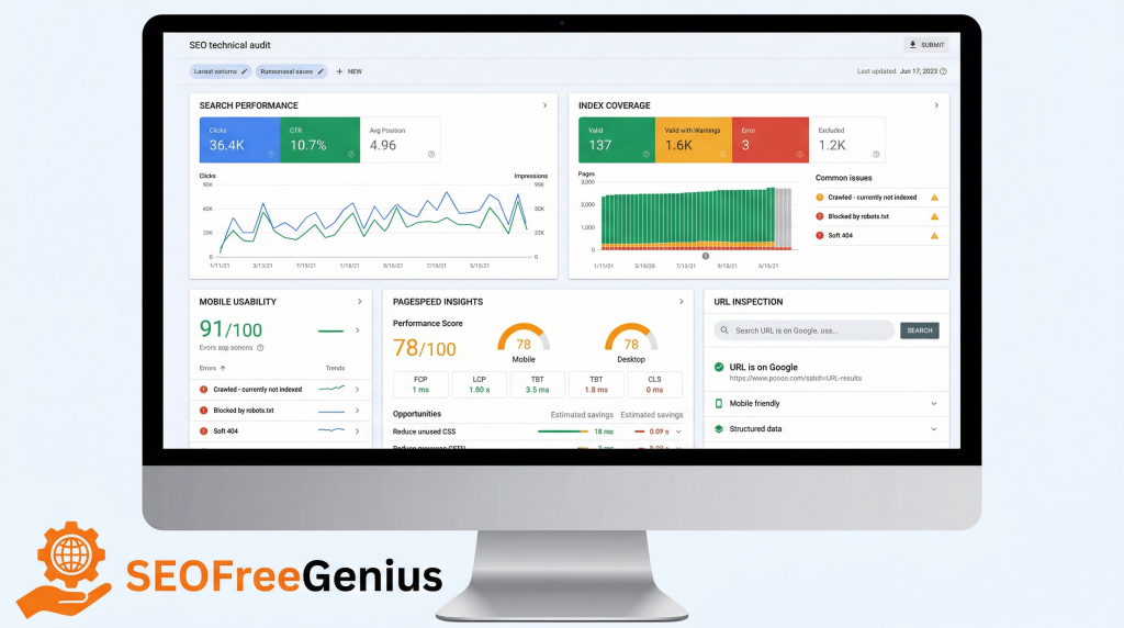 SEO technical audit dashboard on desktop screen showing search performance, index coverage, mobile usability and PageSpeed Insights for SEOFreeGenius website