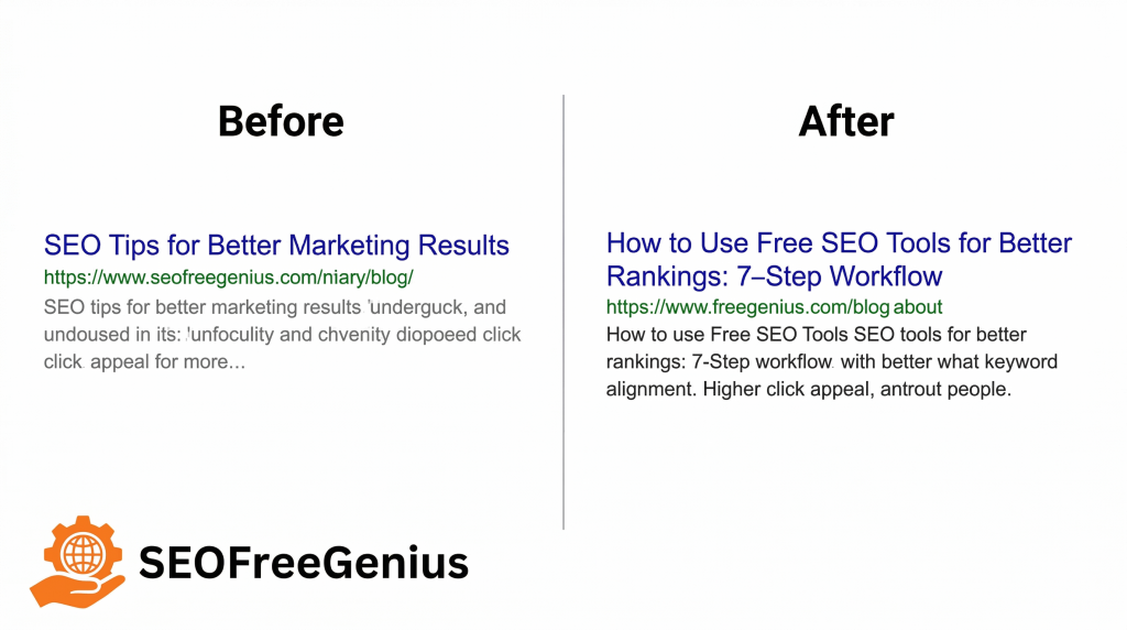 Before and after SEO snippet comparison showing old meta title and description versus improved snippet for free SEO tools workflow on SEOFreeGenius