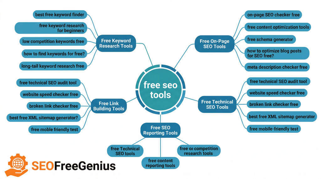 SEO keyword clustering diagram showing free SEO tools grouped into keyword research tools, on-page SEO tools, technical SEO tools, link building and reporting tools