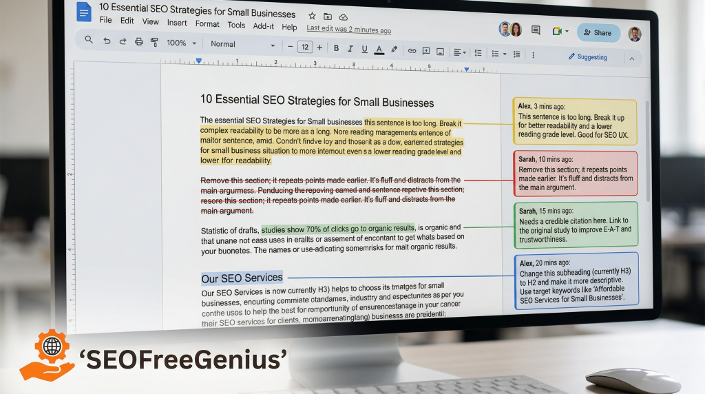 SEO content quality editor on desktop screen showing article draft with highlighted sections and comments for readability, E-E-A-T improvements and on-page SEO optimization