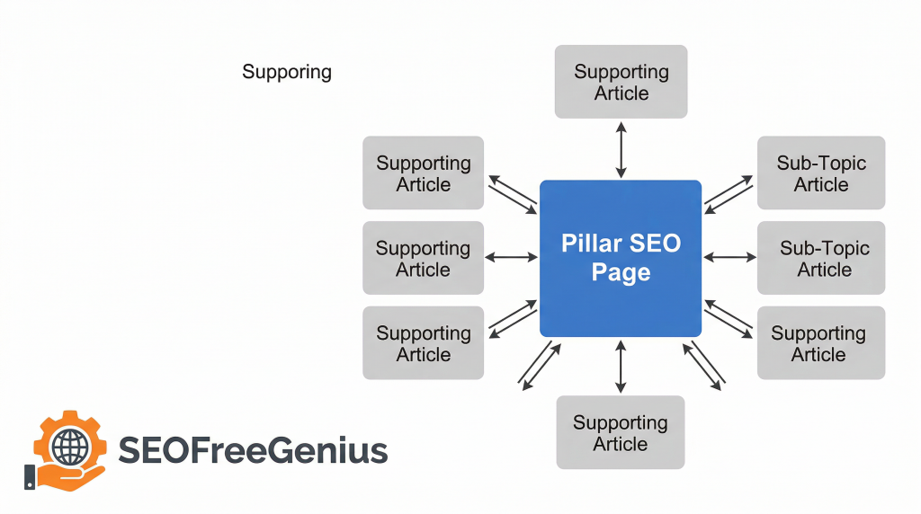 SEO pillar cluster website architecture diagram showing a central pillar SEO page linked to multiple supporting articles and sub-topic articles for internal linking strategy