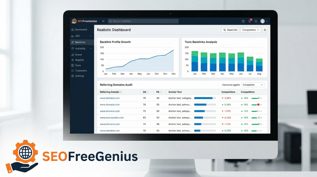 Backlink audit SEO software dashboard on desktop showing backlink profile growth, toxic backlinks analysis and referring domains report for SEOFreeGenius