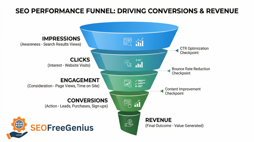 SEO performance funnel infographic showing stages from impressions, clicks, engagement and conversions to revenue with optimization checkpoints for CTR, bounce rate and content
