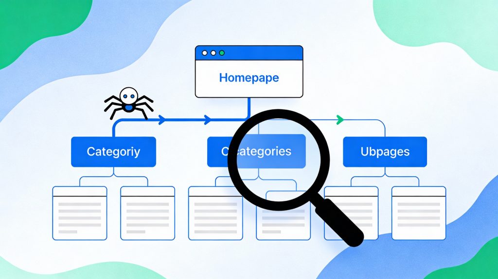 Illustration of a search bot crawling a structured sitemap of pages, representing improved website crawlability.