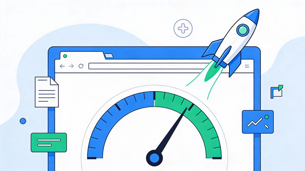 Illustration of a web browser with a speedometer and rocket symbolizing website speed optimization on shared hosting