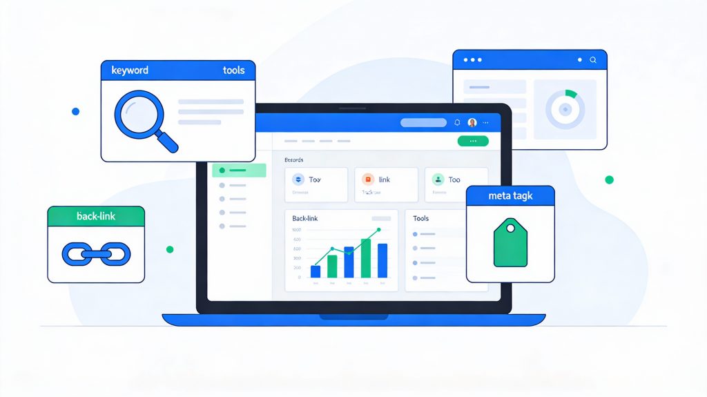 Illustration of a laptop surrounded by SEO tool icons for keywords, backlinks, tracking, and meta tags, representing SEOFreeGenius resources.