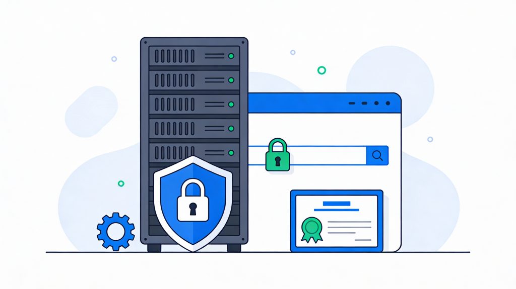 Illustration of a secure web server with shield, padlock, and settings gear icons showing HTTPS and server configuration.