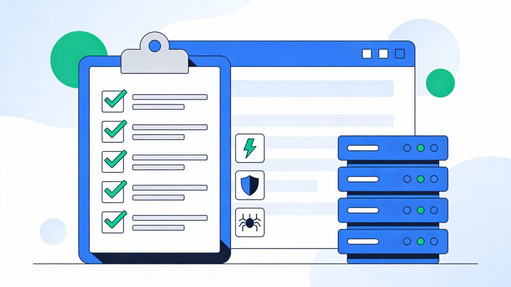 Illustration of a checklist in front of a browser and server icons representing quick technical SEO tasks and improvements.