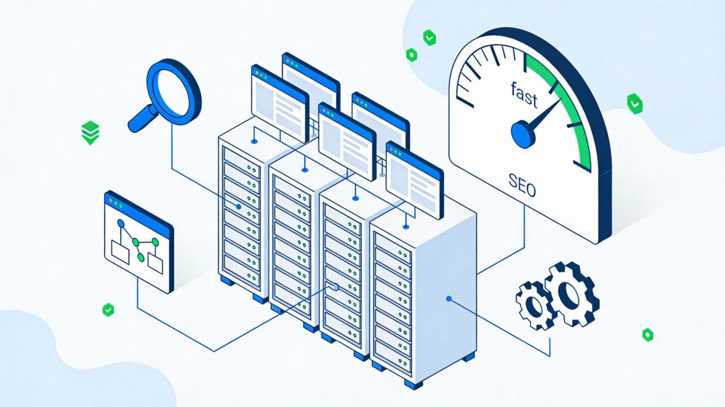 Illustration of shared hosting servers with website windows, SEO icons, and a speedometer representing technical SEO on shared hosting.