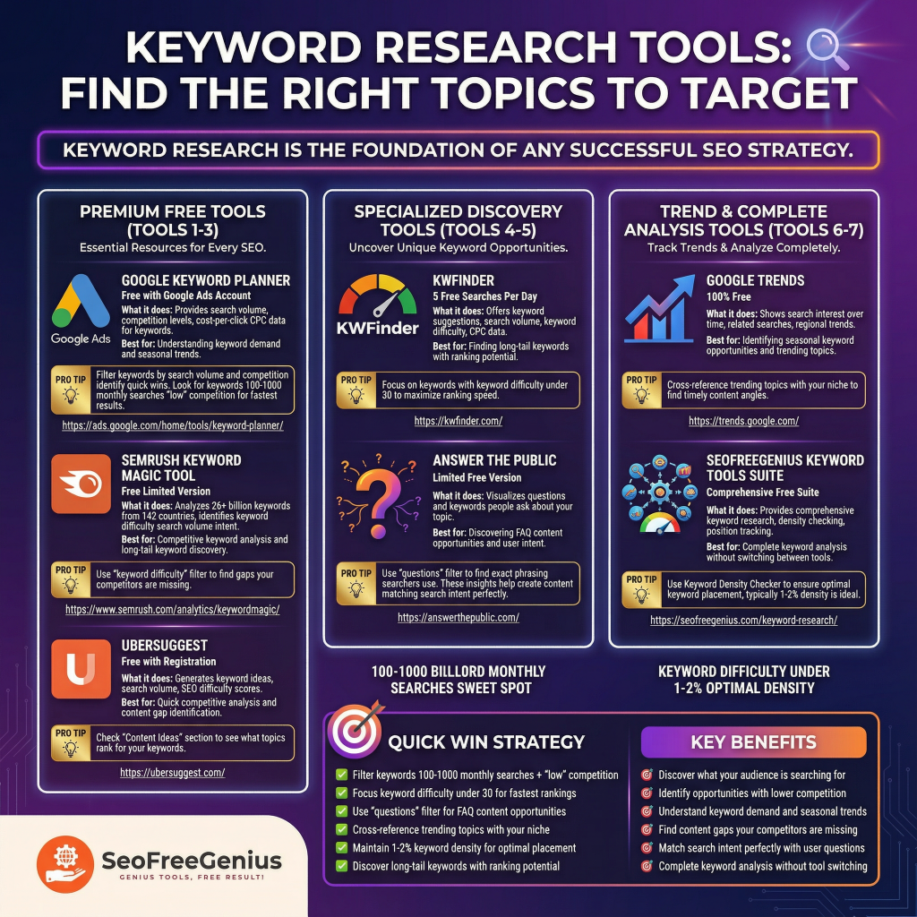 Keyword research tools infographic from Free SEO Tools Checklist 2026 by SEOFreeGenius: 7 free tools including Google Keyword Planner, AnswerThePublic, Ubersuggest vs premium ($100+/month), quick win strategies, 2.1% optimal keyword density