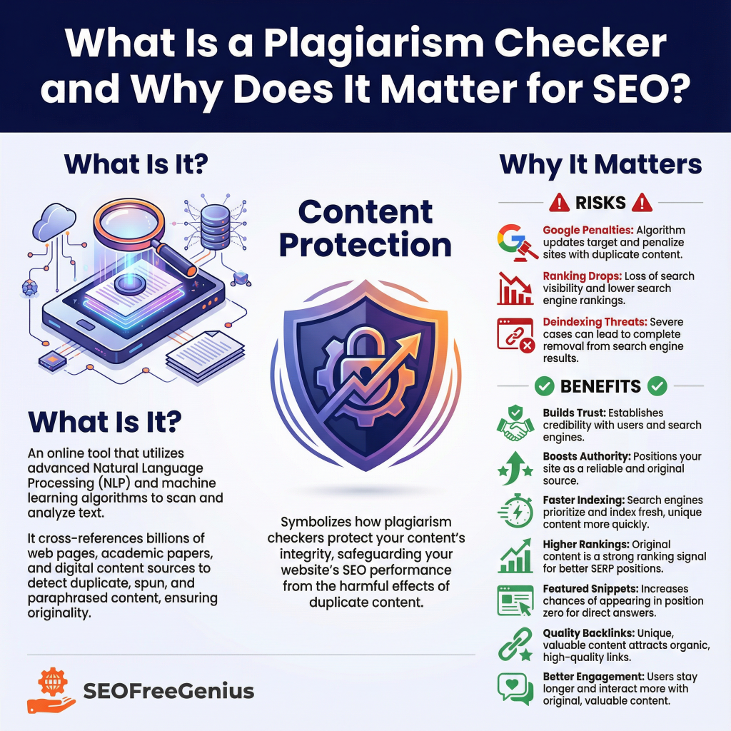 What is plagiarism checker and why matters for SEO – infographic explaining tool definition, risks like Google penalties, and SEO benefits from SEOFreeGenius.
