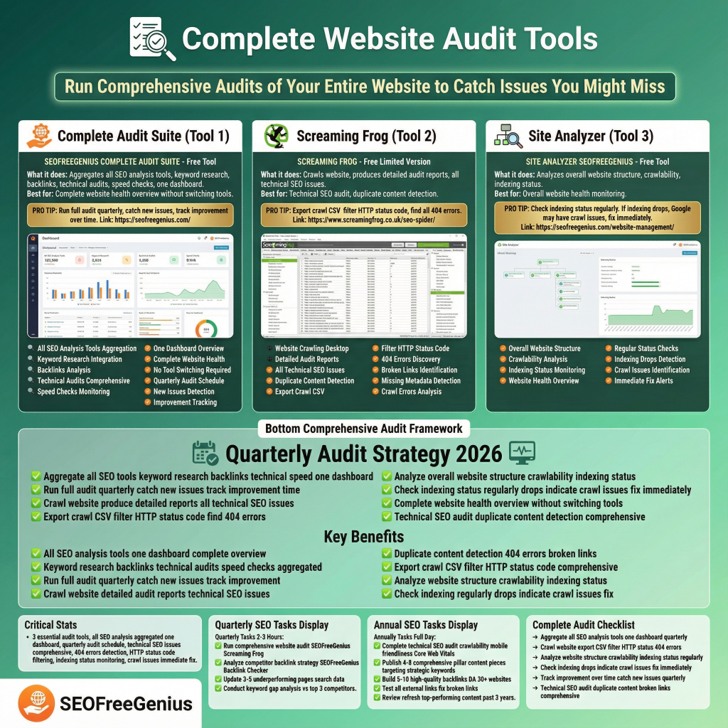 A comprehensive infographic titled "Run Complete Website Audit Tools" promotes three tools—Run Complete Test (1), Screaming Frog (2), and Site Analyzer (3)—for thorough website audits, alongside SEOFreeGenius Quarterly Tasks. It highlights key benefits like detecting all SEO issues, content audits with 400+ detectors, and quarterly checklists with task status displays.