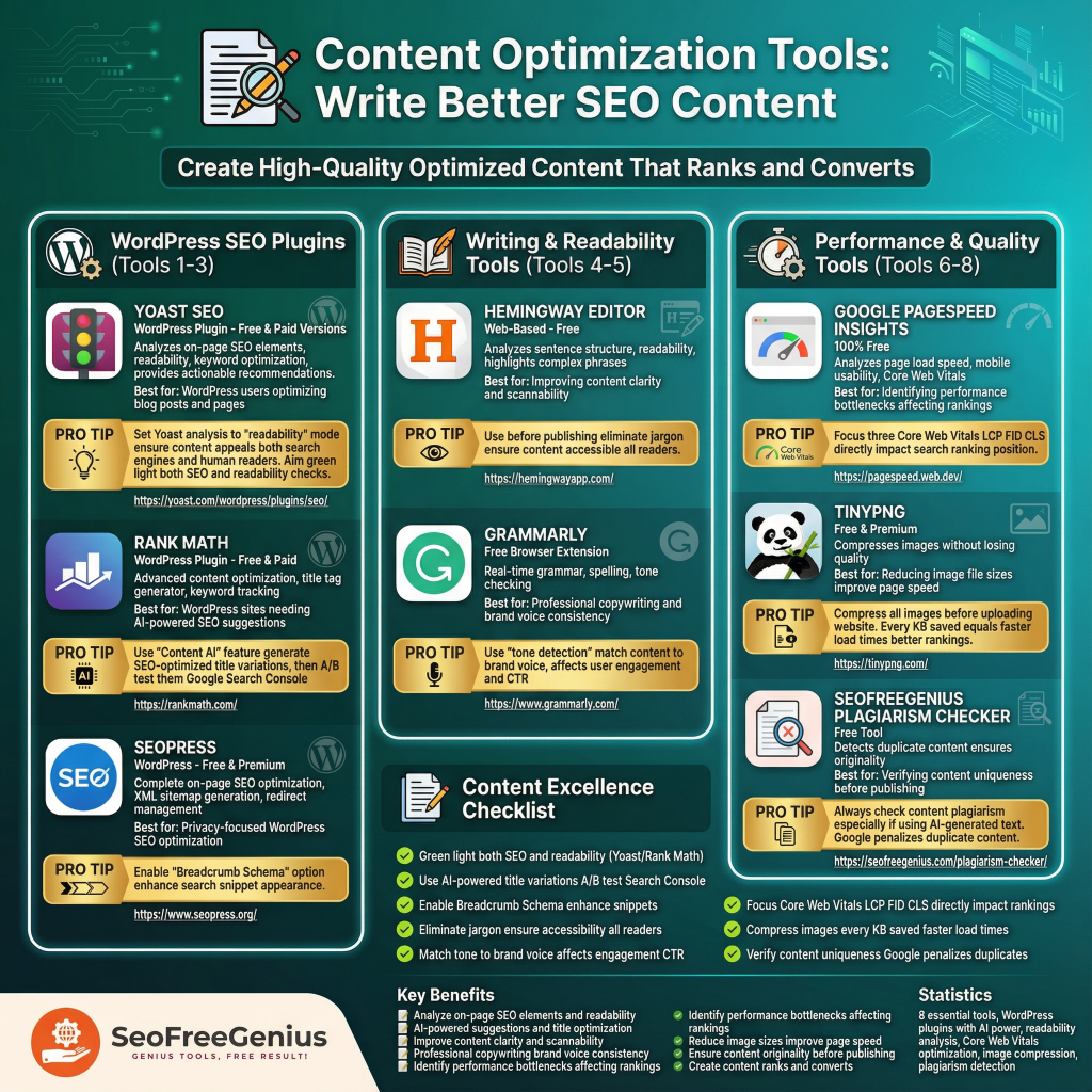 Content optimization tools infographic from Free SEO Tools Checklist 2026 by SEOFreeGenius: 9 free tools including Yoast SEO, Hemingway Editor, Grammarly, Rank Math vs premium, content checklist for high-quality SEO writing