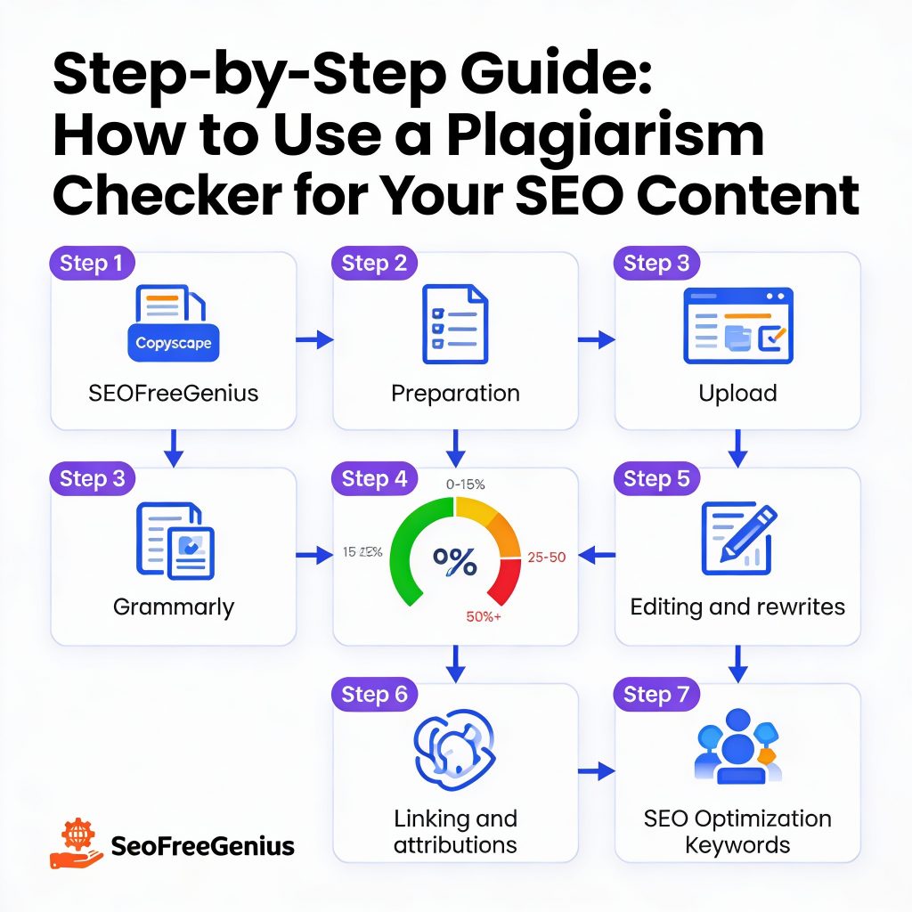 Step-by-step guide: How to use plagiarism checker for SEO content – 7-step infographic showing tool selection (SEOFreeGenius, Grammarly), scanning, reviewing similarity reports (0-90%), editing, linking, and SEO optimization.