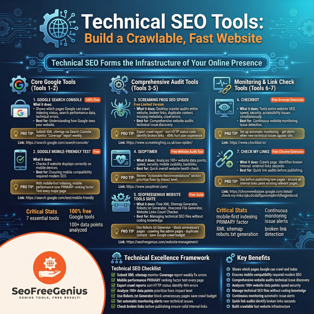 Technical SEO tools infographic from Free SEO Tools Checklist 2026 by SEOFreeGenius: 7 free tools including Google Search Console, Mobile-Friendly Test, Screaming Frog, site speed tests to build crawlable fast websites