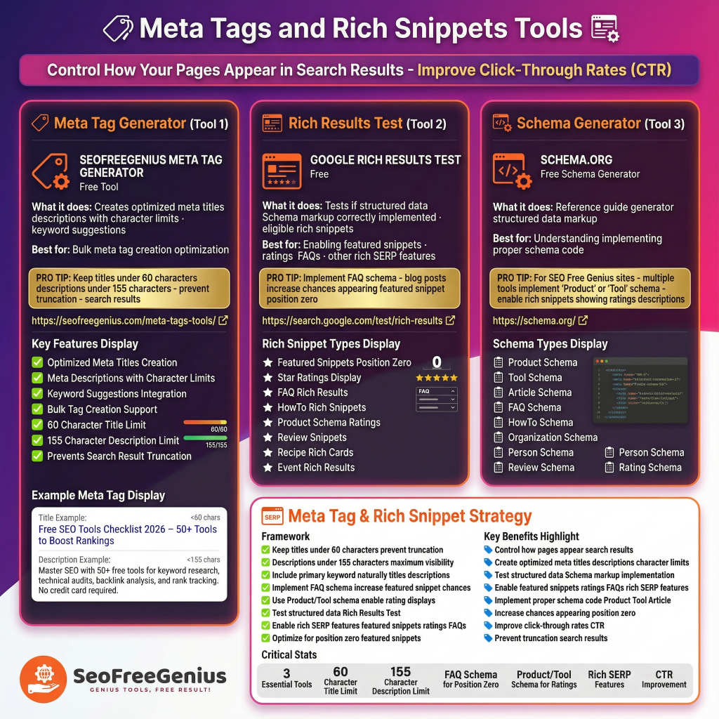 Meta tags and rich snippets tools infographic from Free SEO Tools Checklist 2026 by SEOFreeGenius: 3 free tools including Meta Generator, Google Rich Results Test, Schema Generator to improve CTR in search results