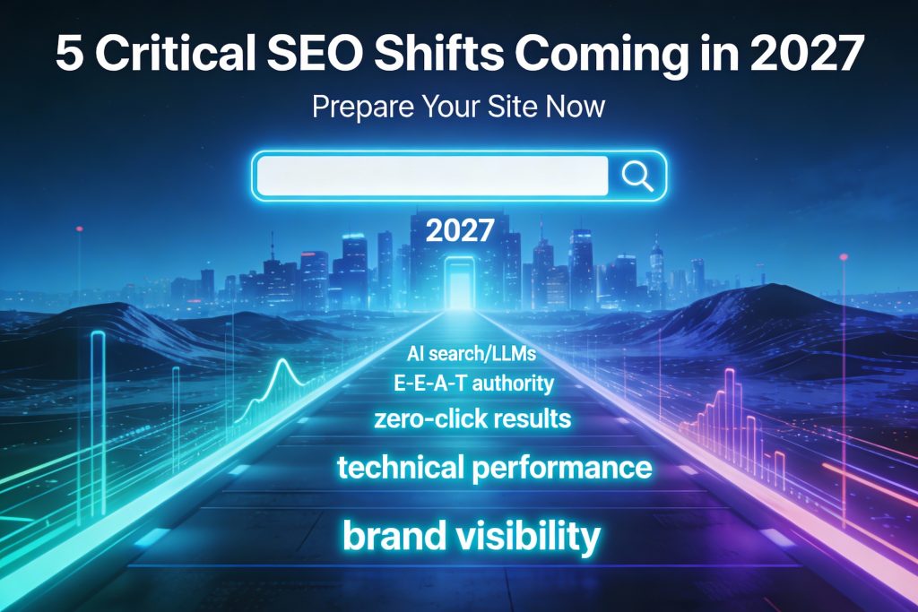 "Futuristic infographic: 5 Critical SEO Shifts Coming in 2027 roadmap with AI search, E-E-A-T, zero-click results, technical performance, brand visibility"