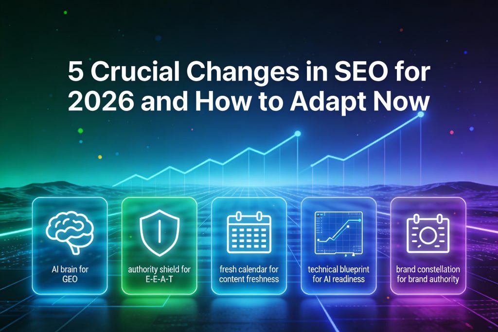 "Infographic: 5 Crucial Changes in SEO for 2026 (GEO, E-E-A-T, Content Freshness, Technical Readiness, Brand Authority) with futuristic holographic panels"