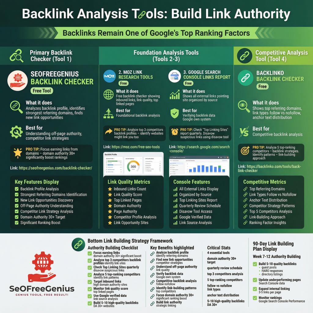 Backlink analysis tools infographic from Free SEO Tools Checklist 2026 by SEOFreeGenius: 3 free tools including SEOFreeGenius Backlink Checker, SmallSEOTools, Google Console Reports to build link authority