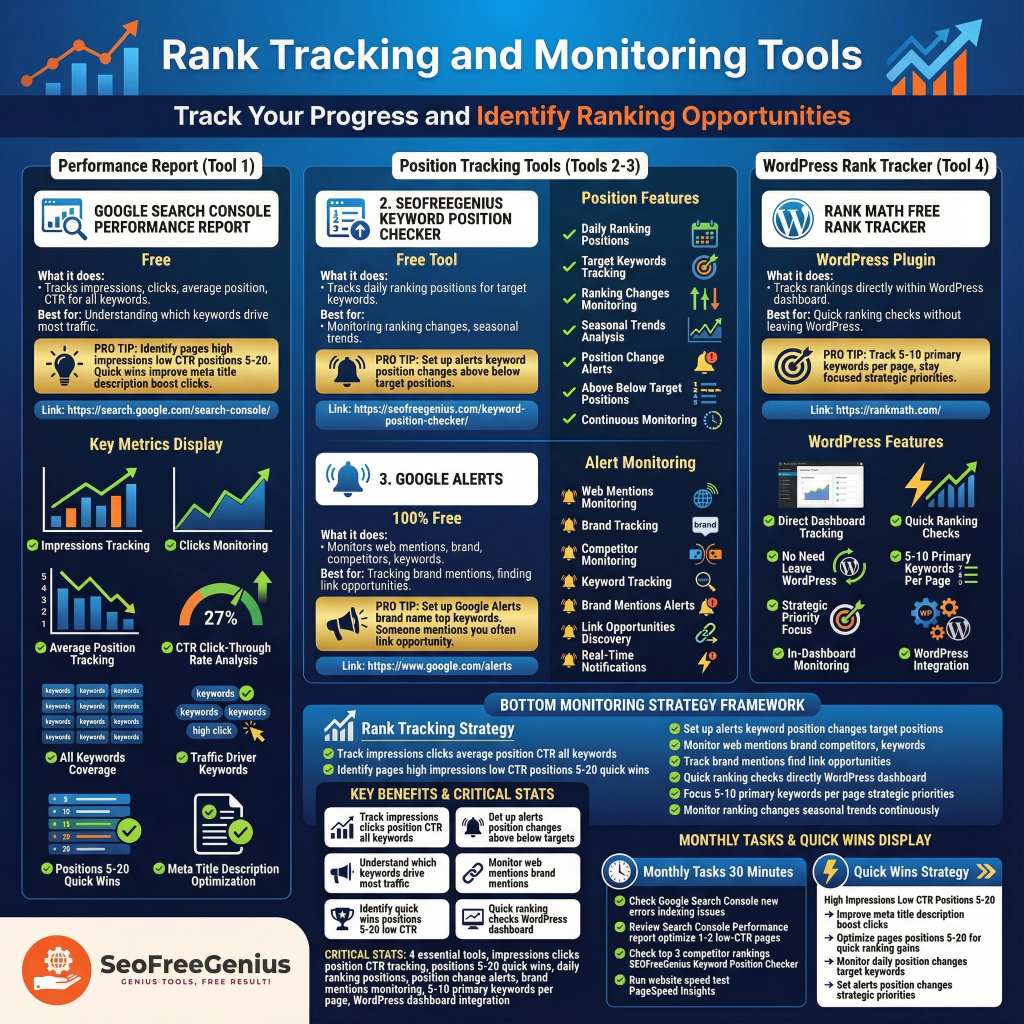 Rank tracking and monitoring tools infographic from Free SEO Tools Checklist 2026 by SEOFreeGenius: 4 free tools including Google Performance Report, Position Tracking, WordPress Rank Math with alerts and keyword graphs