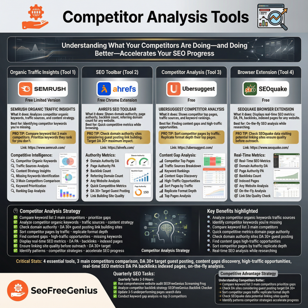 Competitor analysis tools infographic from Free SEO Tools Checklist 2026 by SEOFreeGenius: 4 free tools including Organic Traffic Insights, SEMrush Free, Ubersuggest Competitor Analysis, SEO PowerSuite to accelerate SEO progress