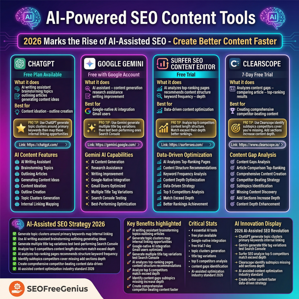 AI-powered SEO content tools infographic from Free SEO Tools Checklist 2026 by SEOFreeGenius: 3 free tools including ChatGPT, Google Gemini, Clearscope for AI-assisted content creation and optimization in 2026