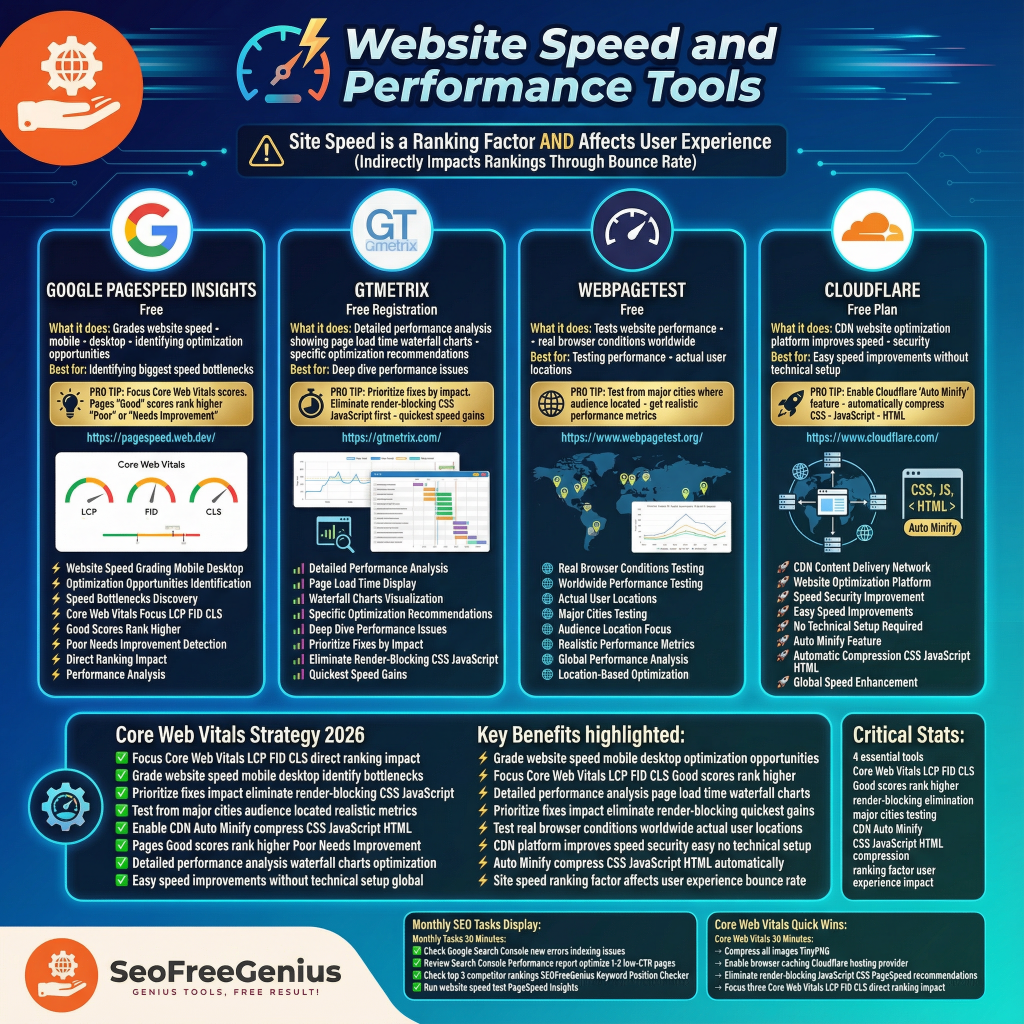 Website speed and performance tools infographic from Free SEO Tools Checklist 2026 by SEOFreeGenius: 4 free tools including Google PageSpeed Insights, GTmetrix, WebPageTest, Cloudflare to optimize Core Web Vitals and user experience