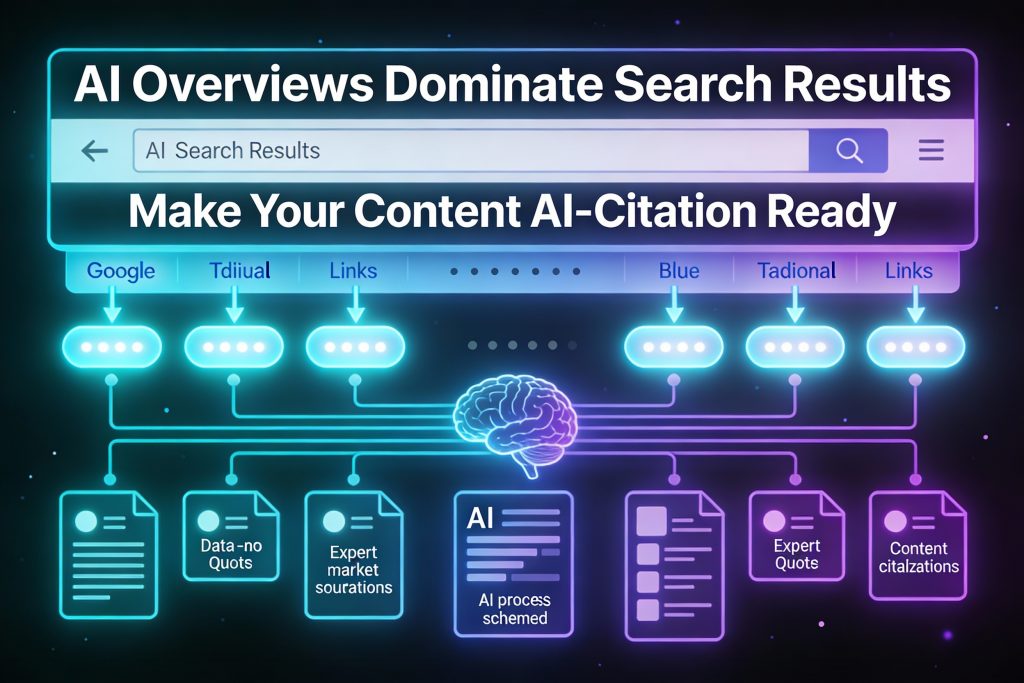 AI Overviews dominating search results infographic: Traditional Google links below AI panel with content citations from expert quotes and structured data for SEO 2027