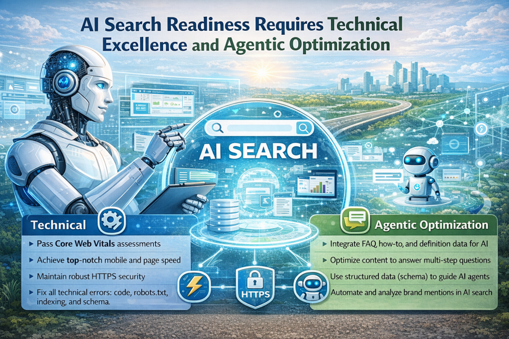 "AI robot scanning technical SEO excellence for search readiness: Core Web Vitals, schema data, HTTPS, agentic optimization infographic 2026"