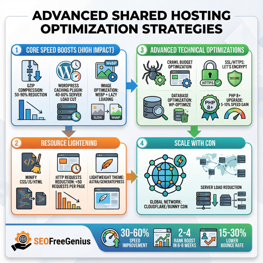 Infographic: 4 advanced shared hosting optimization strategies - 1) Core speed (GZIP 50%, WP lazy loading), 2) Resource lightning (minify, lightweight themes), 3) Crawl budget (database), 4) CDN scale. SEOFreeGenius delivers 30-60% gains