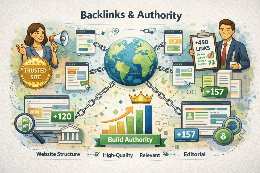 Backlinks and authority infographic for SEO Priorities 2025 13% weight showing trusted site with +450 links, globe, growth charts, website structure, high-quality relevant editorial links network