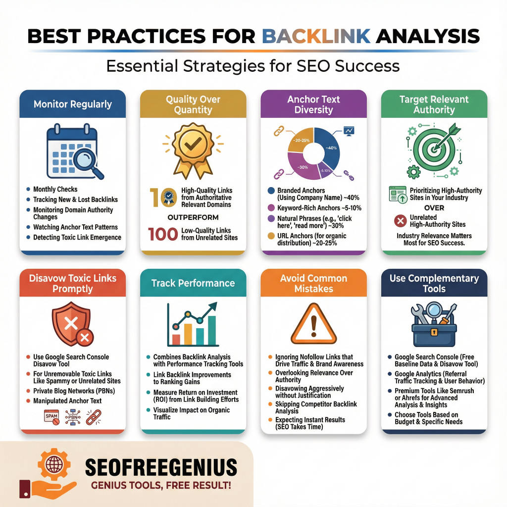  Infographic: "Best Practices for Backlink Analysis" featuring strategies like Regular Monitoring, Quality over Quantity, Anchor Text Diversity, Target Relevant Authority, Disavow Toxic Links, Track Performance, Avoid Common Mistakes, with SEOFreeGenius tools.