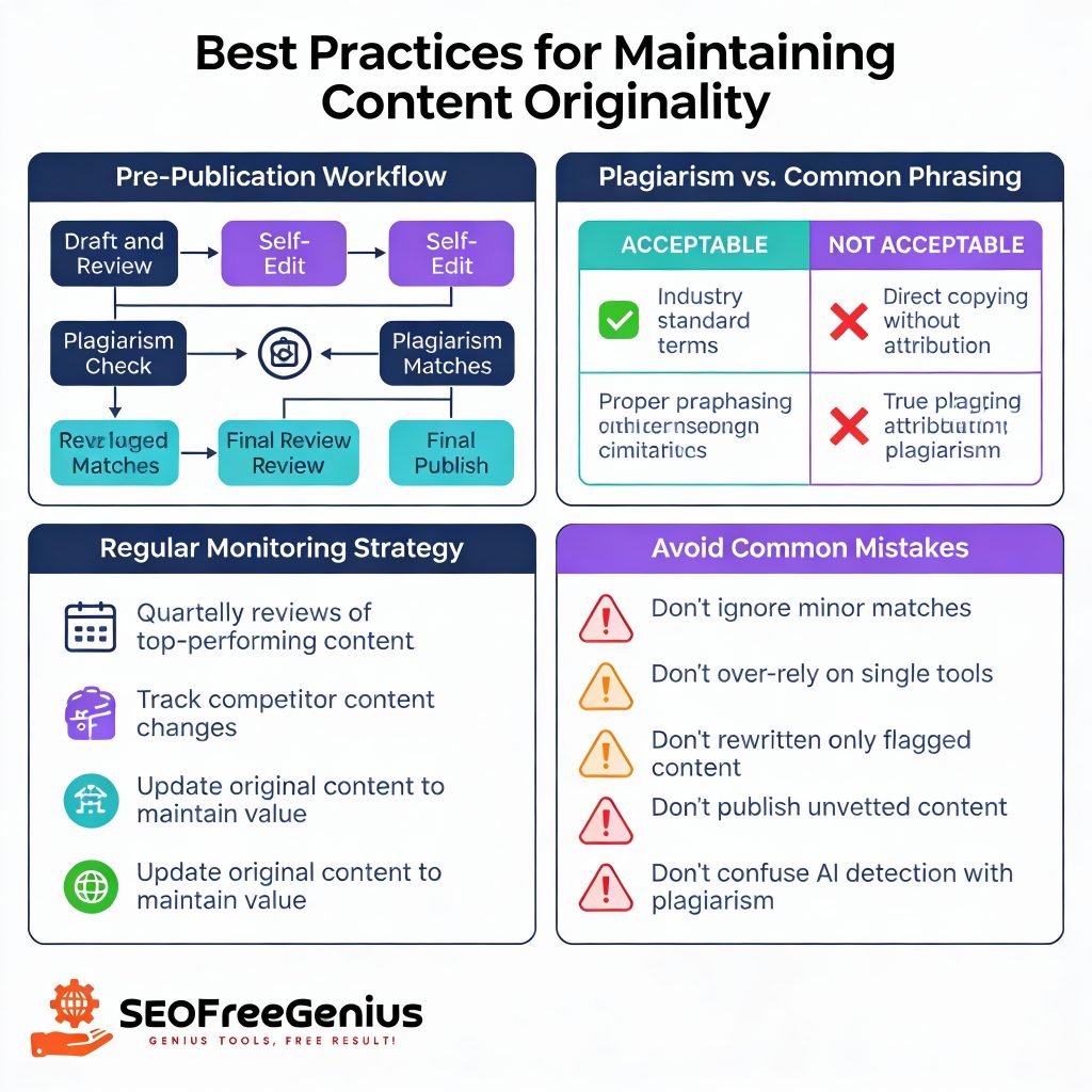 Best practices for maintaining content originality – infographic covering pre-publication workflow, plagiarism vs common phrasing, regular monitoring, and common mistakes to avoid from SEOFreeGenius.