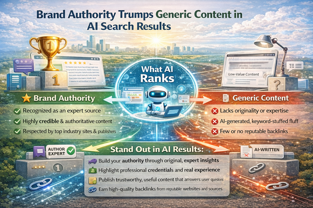 "Infographic comparing Brand Authority vs Generic Content in AI search results: high-quality content wins with backlinks, expertise over AI-generated keyword stuffing 2026"