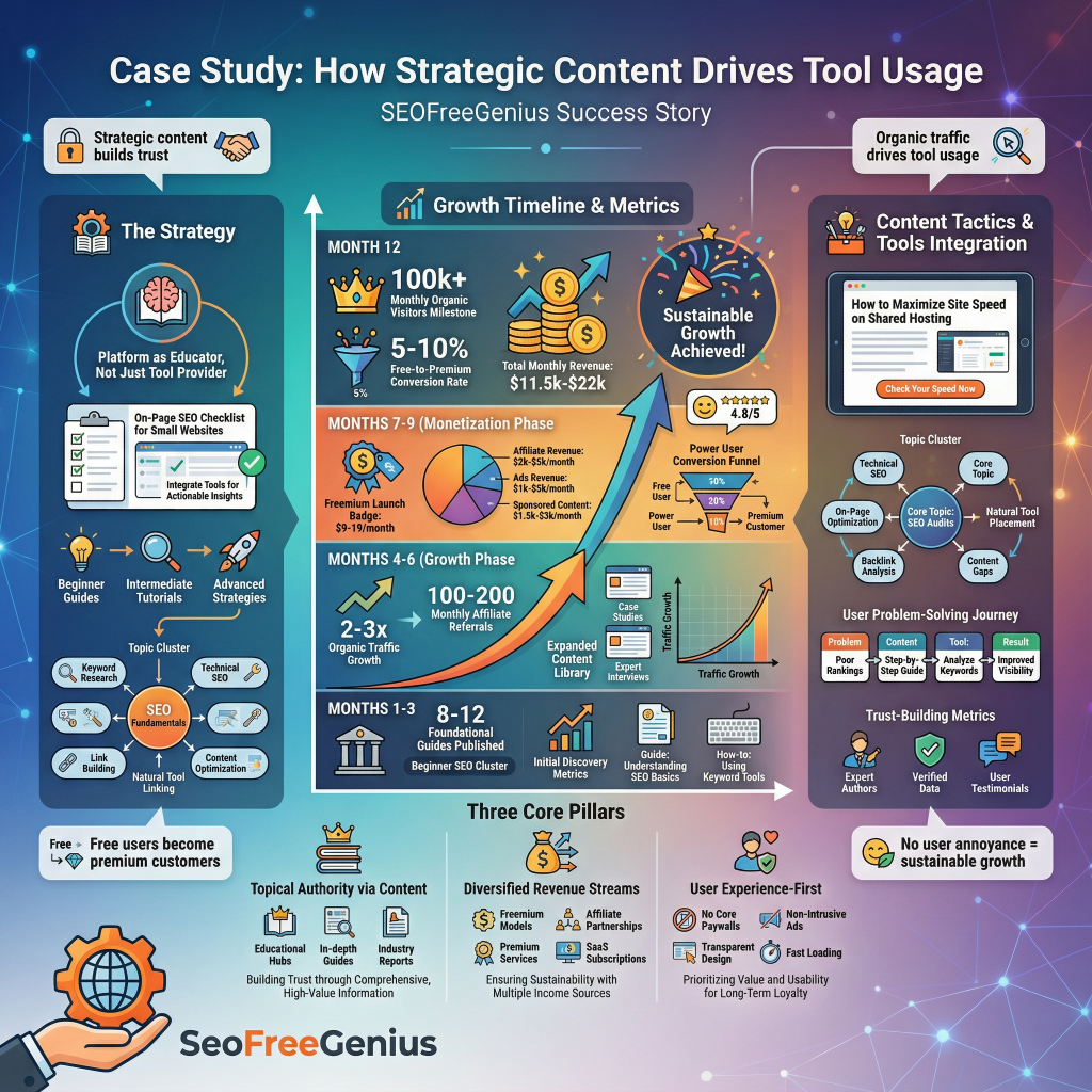 Case study infographic: How SEOFreeGenius strategic content drives free SEO tools usage - 12-month growth timeline, metrics from 2-3x traffic to $11-22K revenue via three pillars
