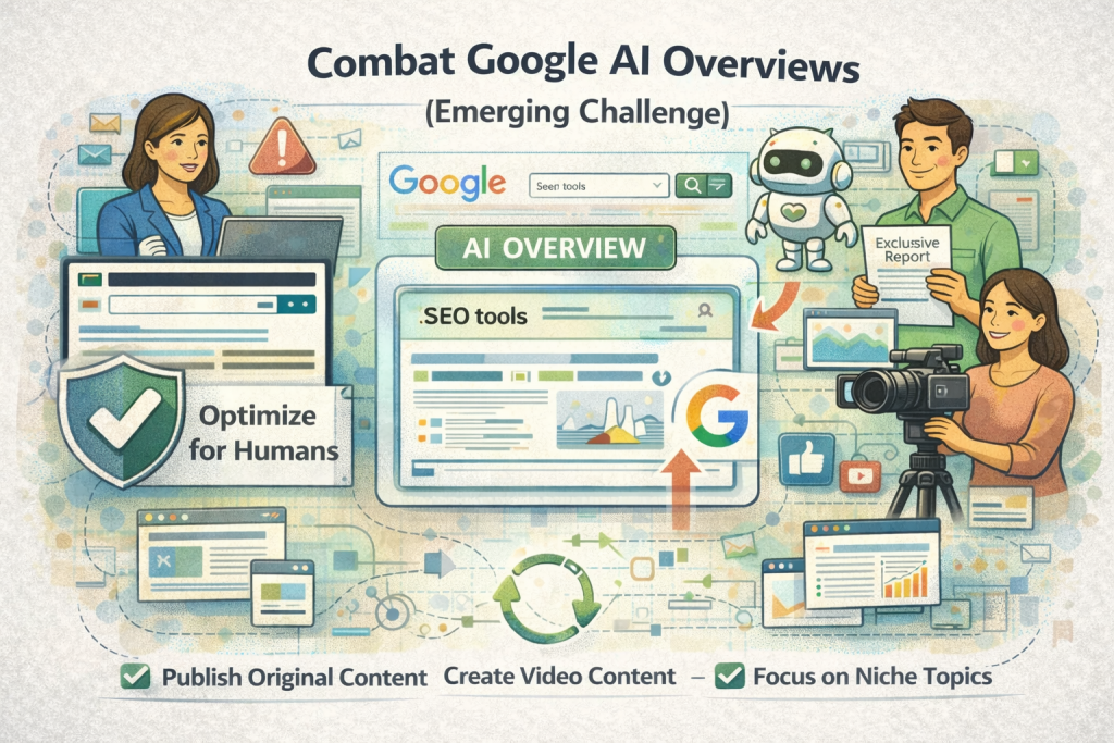 Combat Google AI Overviews emerging challenge infographic for SEO Priorities 2025 showing AI overview box, optimize SEO tools, publish original content, create video content, focus niche topics icons