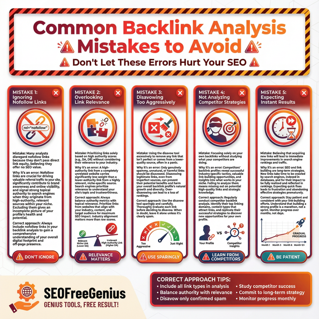  Infographic: "Common Backlink Analysis Mistakes to Avoid" highlighting 5 errors (Ignoring Nofollow Links, Overlooking Link Relevance, Disavowing Too Aggressively, Ignoring Competitor Strategies, Expecting Instant Results) with correct approaches and SEOFreeGenius tools.