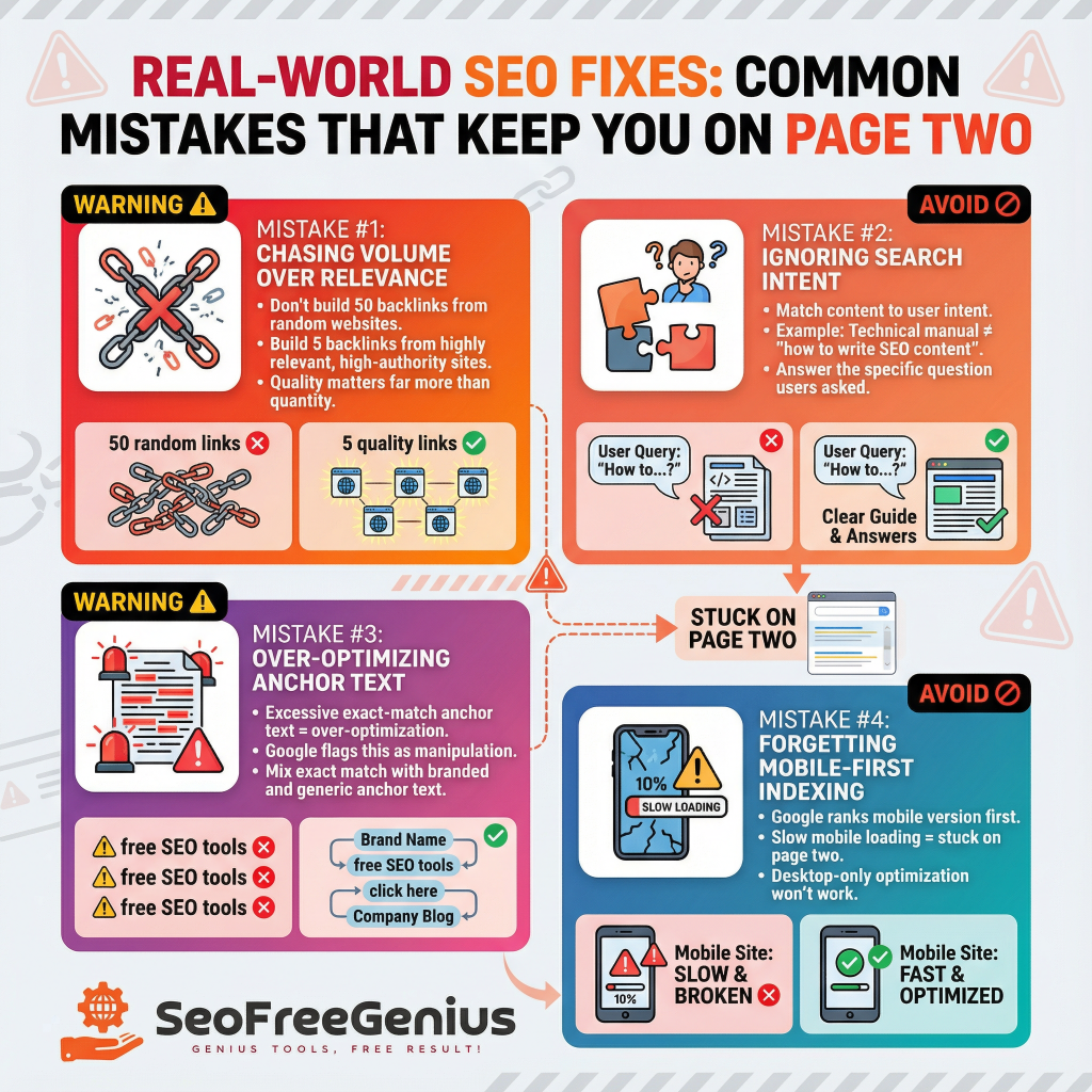  Infographic: Real-World SEO Fixes - Common Mistakes Keeping You on Page 2. 4 pitfalls: #1 Chasing volume over relevant links (50 random vs 5 quality); #2 Ignoring user intent (technical vs conversational content); #3 Over-optimizing anchors (exact match vs natural brand); #4 Forgetting mobile-first indexing (desktop-only optimization fails). Use SEOFreeGenius free tools.