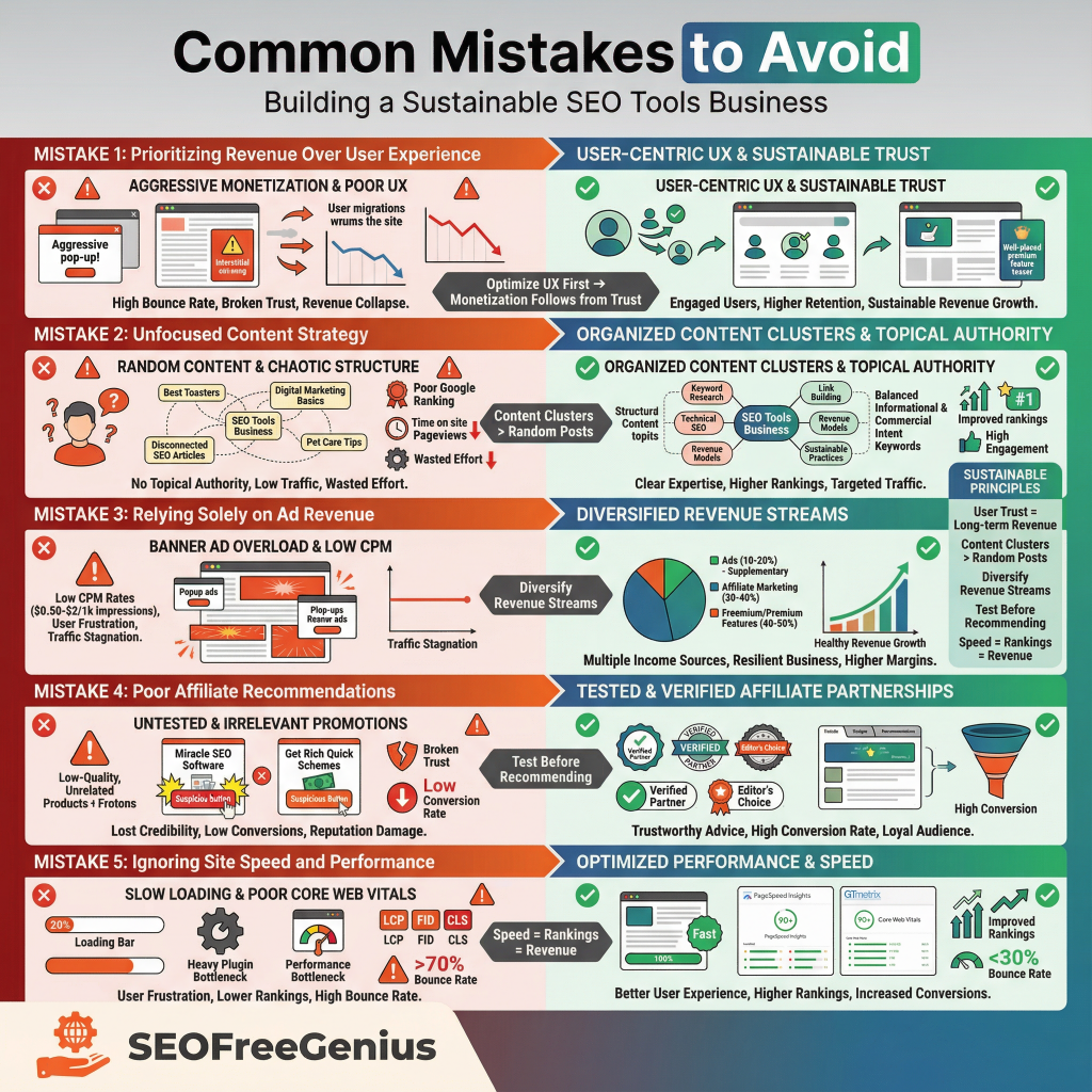Infographic: Common mistakes to avoid building sustainable SEO tools business - aggressive ads vs UX, unoptimized content, single revenue reliance, unproven affiliates by SEOFreeGenius