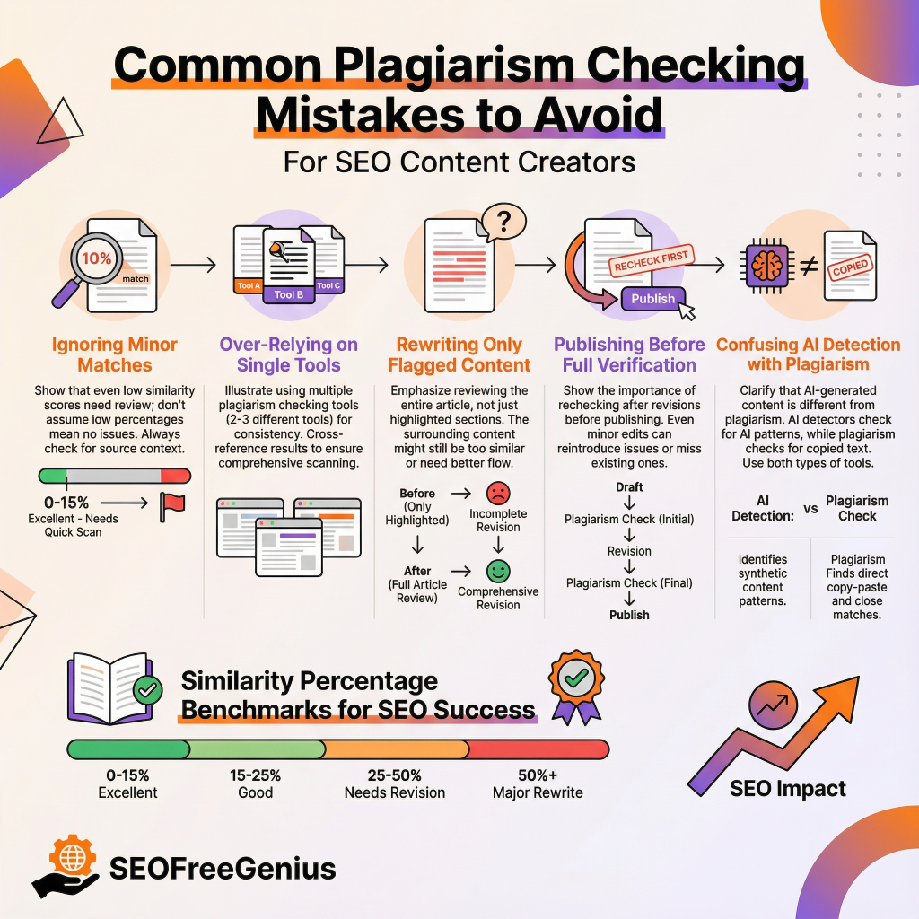 Common plagiarism checking mistakes to avoid for SEO content creators – infographic highlighting 5 errors (ignoring minor matches, over-relying on tools, etc.) with SEO similarity benchmarks from SEOFreeGenius.