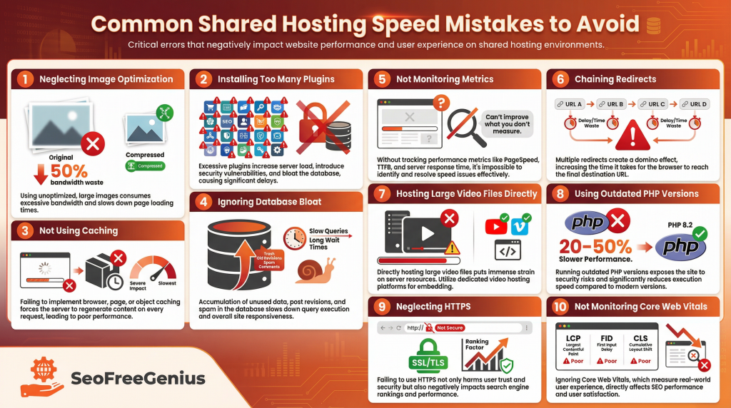 Infographic: 9 common shared hosting speed mistakes to avoid - neglecting images (50% bloat), too many plugins, no monitoring, chain redirects, unoptimized database/videos, large files, outdated PHP, excessive HTTP requests, Core Web Vitals failure via SEOFreeGenius