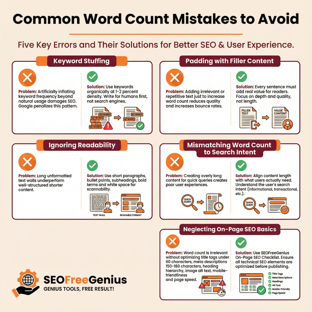 5 common word count mistakes infographic: 1. Keyword stuffing (avoid >1-2% density), 2. Padding with filler (reduces quality), 3. Ignoring readability (long paragraphs hurt performance), 4. Mismatching search intent (informational vs transactional), 5. Neglecting on-page basics; Solutions via SEOFreeGenius checklist for better SEO & UX.