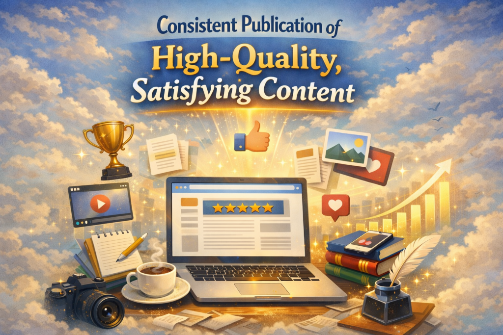 Consistent publication of high-quality satisfying content infographic for SEO Priorities 2025 showing 23% ranking weight with trophy, documents, laptop, and growth charts on clouds
