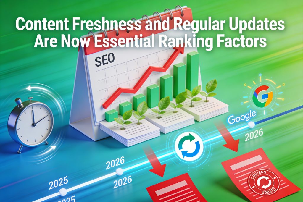 "Infographic showing content freshness transforming into SEO ranking growth with calendar updates and Google algorithm signals for 2026"
