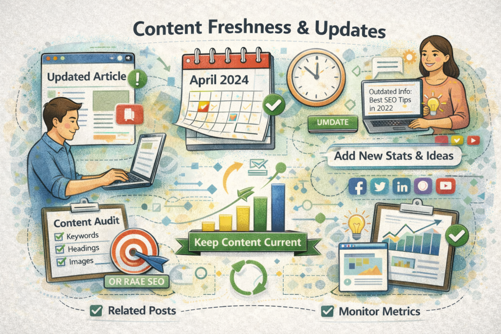 Content freshness and updates infographic for SEO Priorities 2025 6% weight showing updated article April 2024, content audit, keep current, GR SEO posts, new stats ideas, metrics monitoring icons