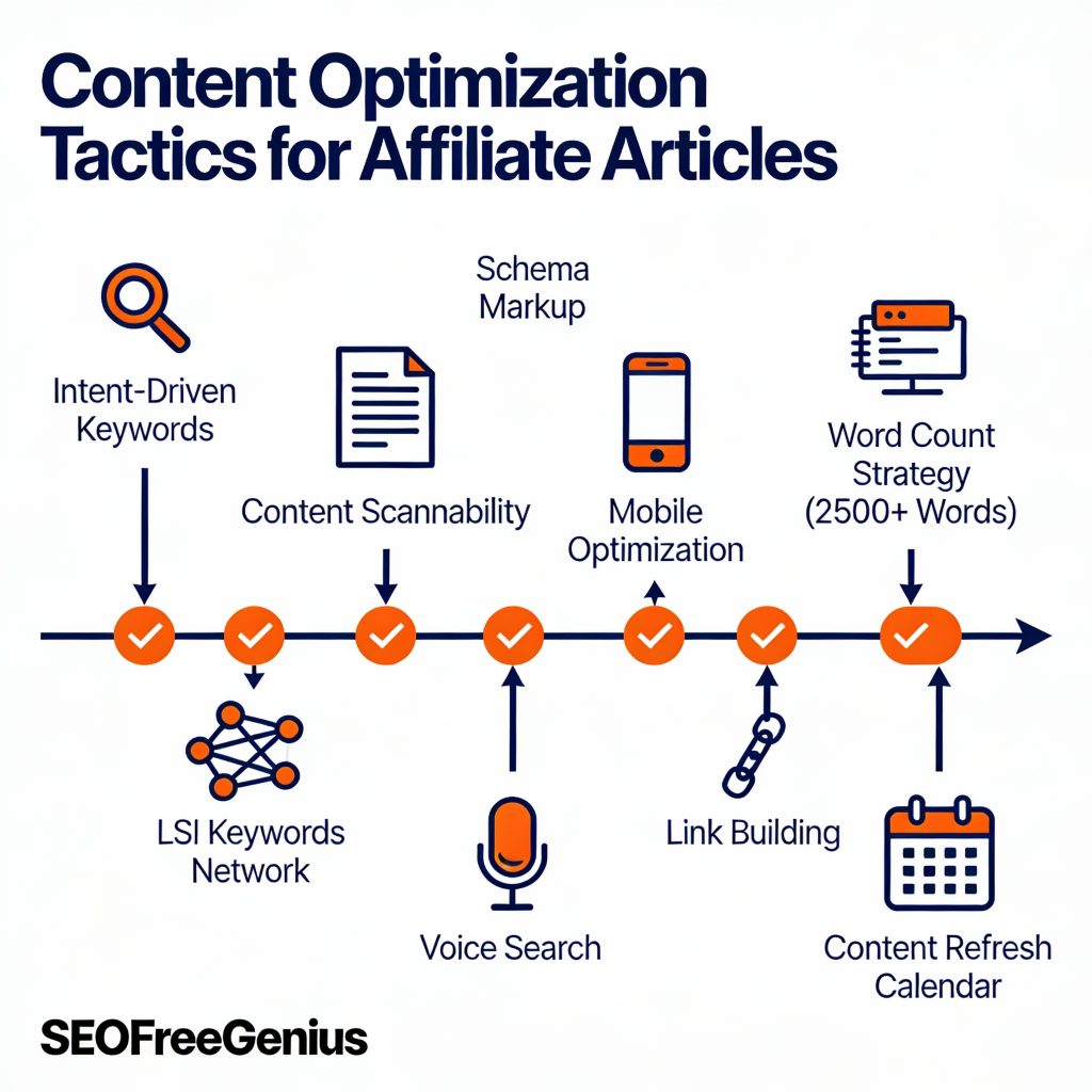 Infographic: Content Optimization Tactics for Affiliate Articles. 9-step flowchart: Intent-Driven Keywords, LSI Networks, Content Scannability, Schema Markup, Mobile Optimization, Word Count (2500+), Voice Search, Link Building, Content Refresh Calendar. SEOFreeGenius branding.​