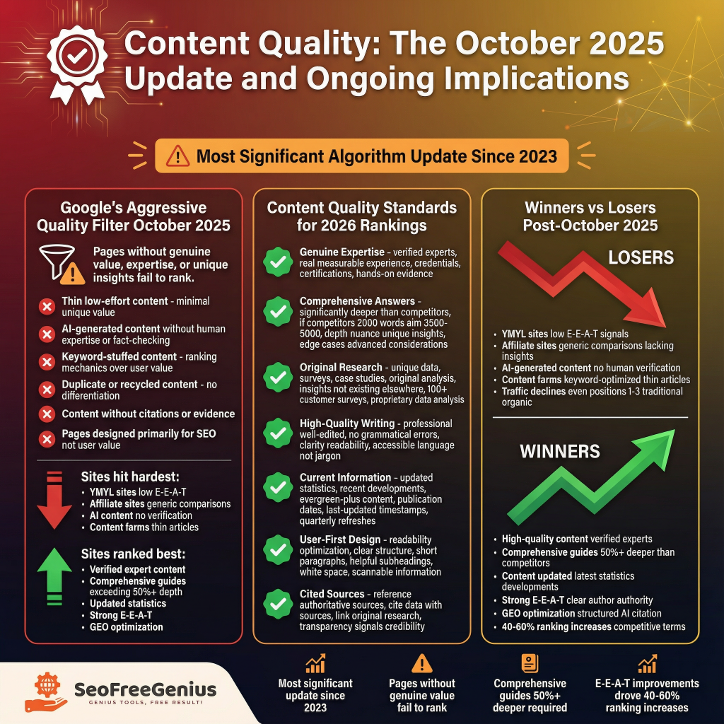 Infographic titled "7. Content Quality: The October 2025 Update and Ongoing Implications" by SEO Free Genius describes Google's most significant algorithm update since 2023 as a quality filter impacting 2026 rankings. It contrasts post-winners vs losers: losers include low-effort/unique content, AI-generated without human touch, content without citations/evidence, pages hitting SEO hard (scaled content lacking E-E-A-T); winners feature comprehensive answers, advanced complexity, surveys/original analysis, organic keyword-optimized, high-quality user-focused, competitor-beating signals (90%+ E-E-A-T boost, 60-80% traffic potential) in yellow-red-green design with warning icons and arrows.