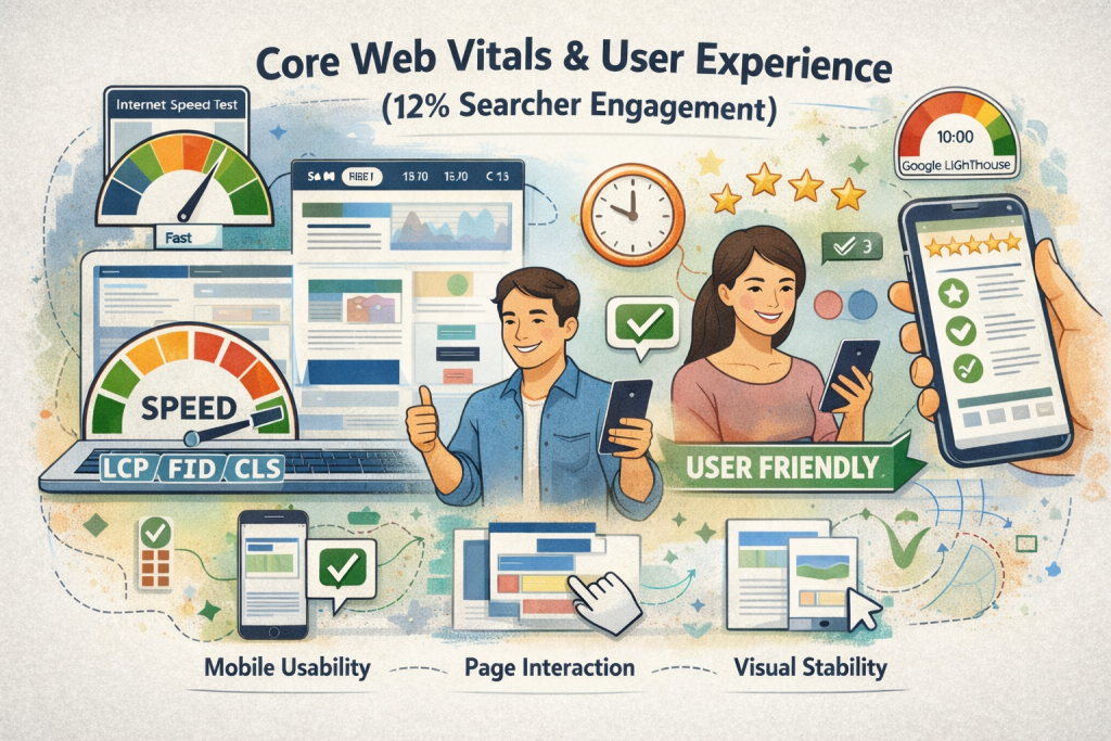 Core Web Vitals and user experience infographic for SEO Priorities 2025 12% searcher engagement showing LCP FID CLS metrics, speedometer, mobile usability, page interaction, visual stability icons