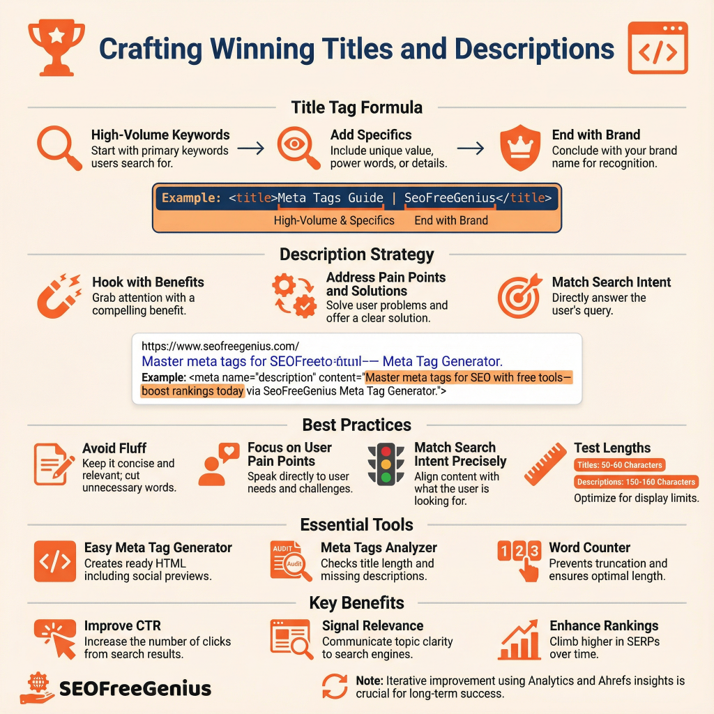  Infographic: Crafting Winning Titles and Descriptions for SEO. Title tag formula (high‑volume keywords + specifics + brand like 'Meta Tags Guide | SeoFreeGenius'), description hooks (benefits, pain solutions, match intent), avoid fluff, use Meta Tags Analyzer. Tools: SeoFreeGenius Word Counter for length testing, boosts CTR and rankings. 